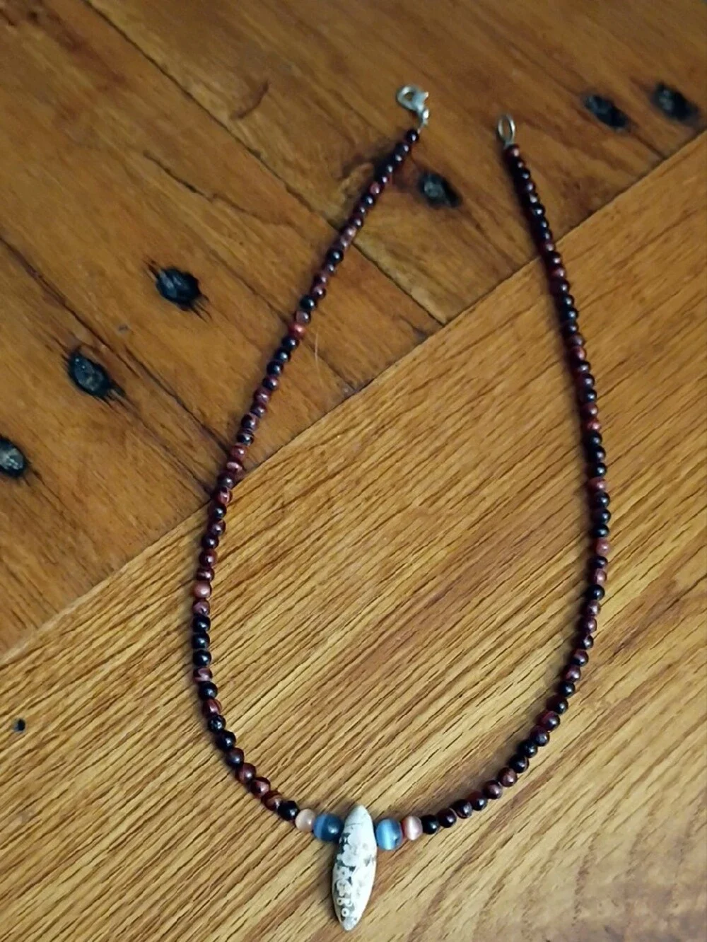 Handmade Brown Stone Beaded Necklace with White Stone Pendant